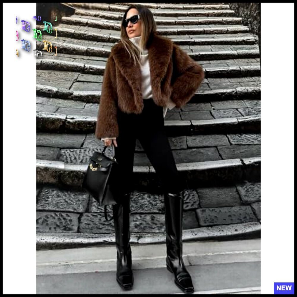 Fluffy Faux Fur Cropped Jacket Open Front Shawl Collar Winter Coat Chic - Picture 5 of 7